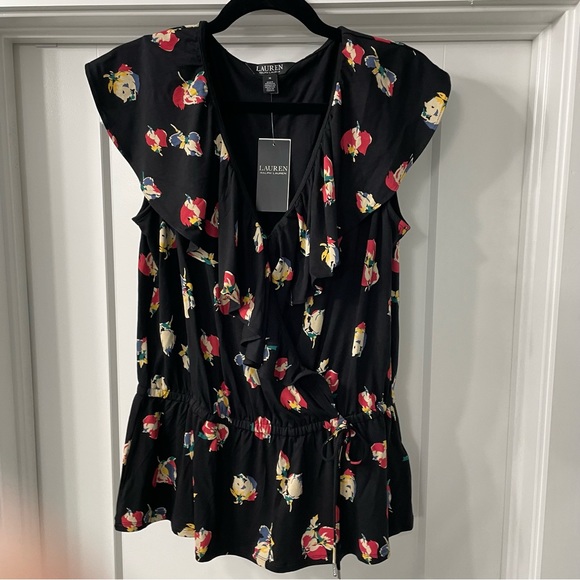 Lauren Ralph Lauren Tops - Lauren Ralph Lauren NWT top blouse shirt tunic black floral flowers boho ruffles